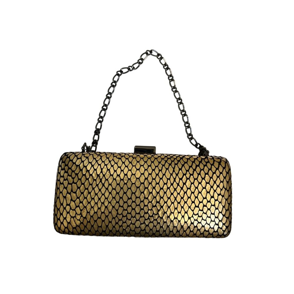 Inge Christopher Gold & Black Metal Mesh Clutch Purse With Chain Strap & Snap Cl